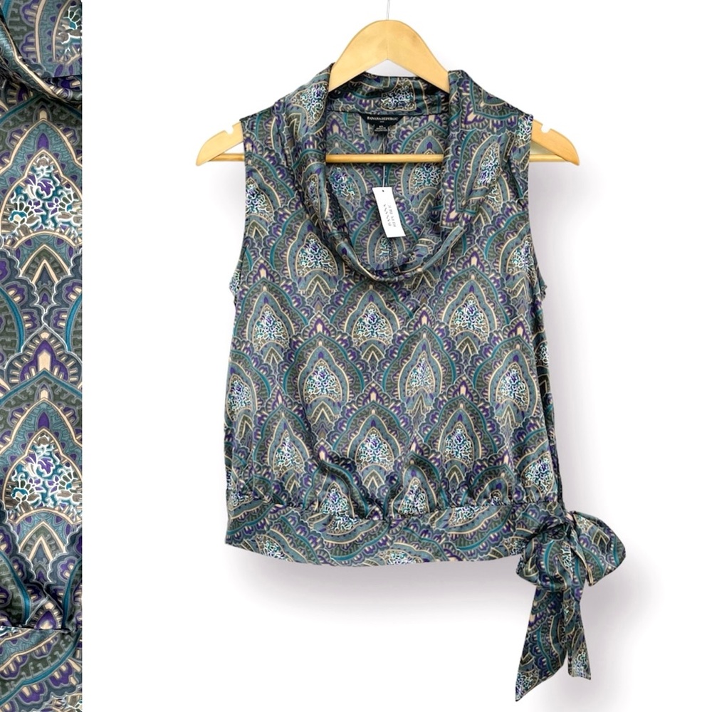 Banana Republic Paisley Blouse Sleeveless Side Waist Tie Silky Cowl Neck Green
